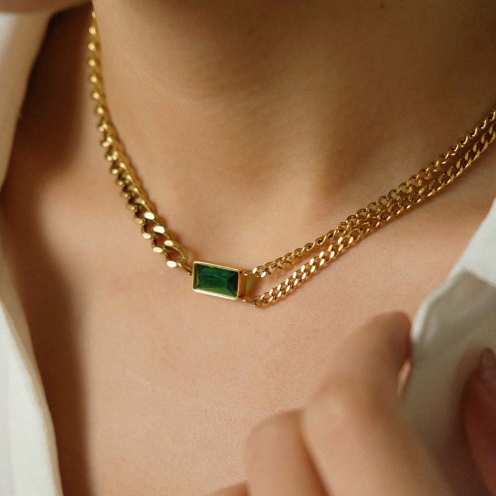 Green Zirconia Curb Mix Chain Necklace | Gold Plated Stainless Steel Necklace